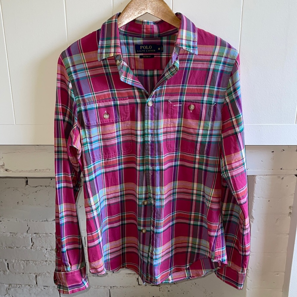 Custom fit polo plaid shirt